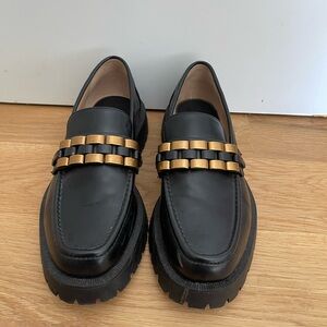 Zara Black Leather Flats with Gold Chain Accent